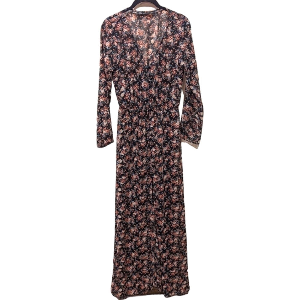 Zara Sheer Ditzy Floral on Black Maxi Long Sleeve Buttoned Up Dress (S)